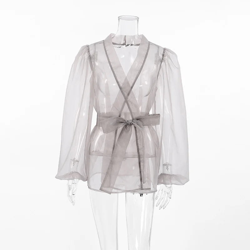 2023 Spring Summer Women Elegant Long Sleeve Solid Grey Mesh Shirt Ladies Sheer Chiffon Blouse For Woman Female