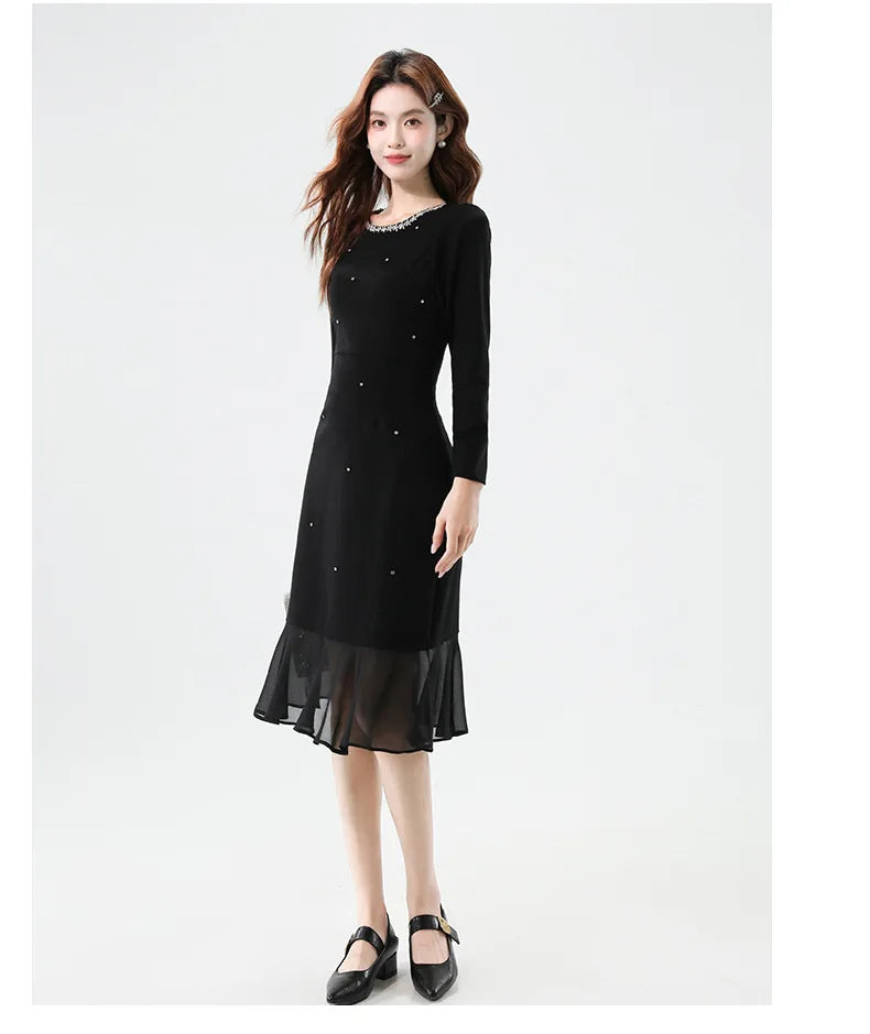 Fall Fashion Heavy Duty Rhinestone Splice Slimming Chiffon Mermaid Dress