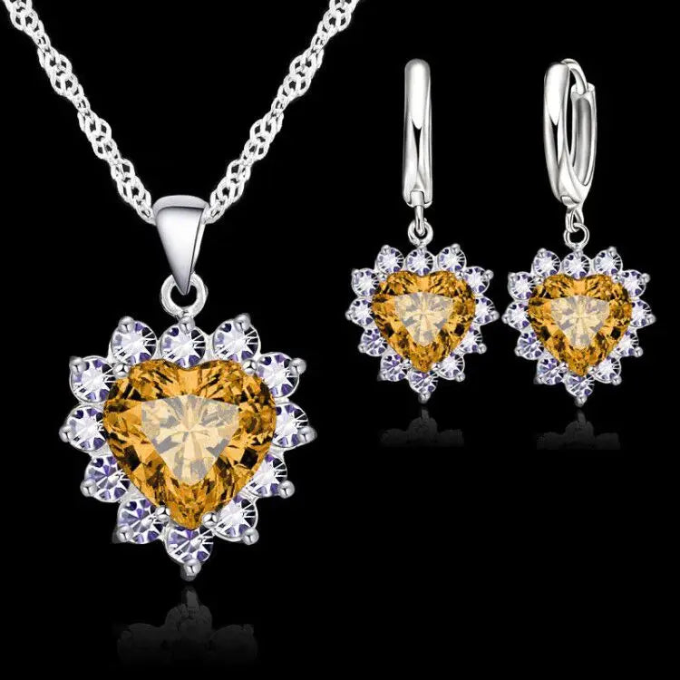 Love Heart Crystal Pendant 925 Sterling Silver  Party Jewelry Sets Necklace Earrings For Women Valentine Gifts