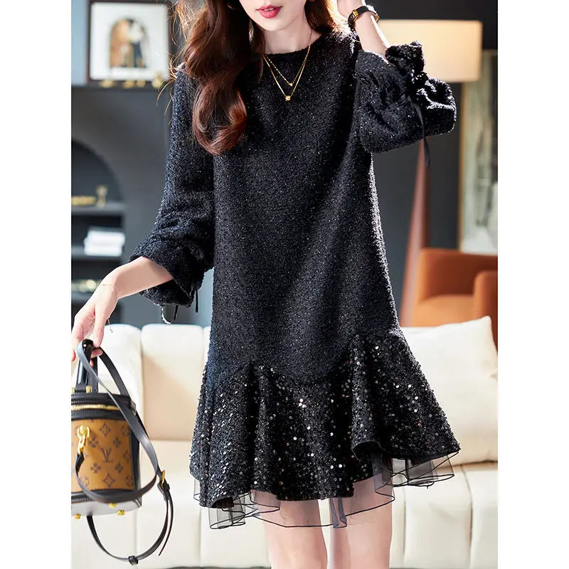Autumn New Fashion Office Lady Mini Dress Elegant O-Neck Lantern Sleeve High Waist Sequined Lace Slim A-Line Party
