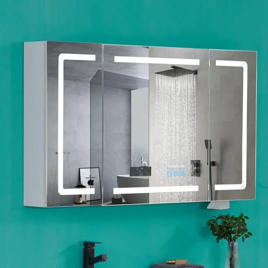 LED Medicine Cabinet with Smart Mirror, 48" Wide Bathroom Medicine Cabinet with Bluetooth& Speaker, Clock, Room Temp Display, D