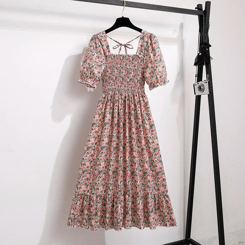 Spring Summer Chiffon Dresses Fashion Female Elastic Waist Short Sleeve Pleated Casual Dress Women A-line Dresses