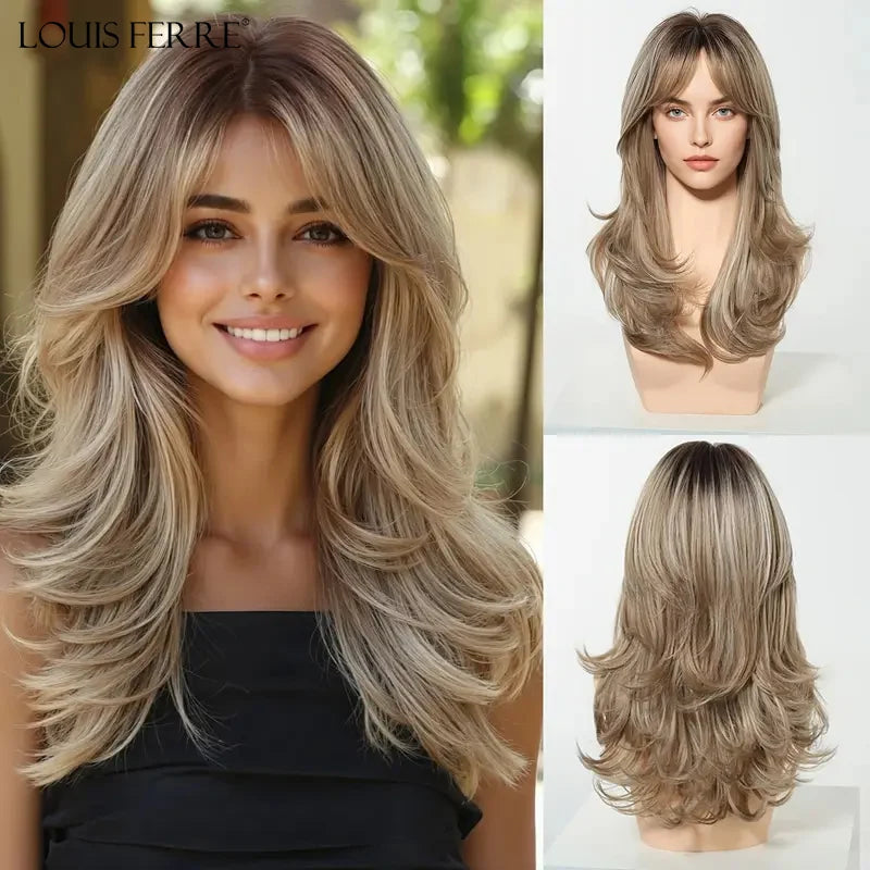 LOUIS FERRE Brown Blonde Highlights Wigs For Women Daily Long Wavy Curly Synthetic Wigs Natural Heat Resistant Hair With Bangs