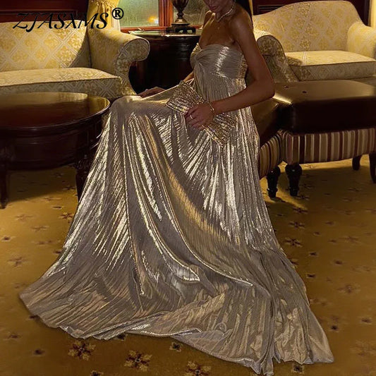 Sexy Strapless Kink Elegant Party Dresses Woman Chic Solid High Waist Pleated Maxi Dress Summer Backless Hollow Split Long Dress