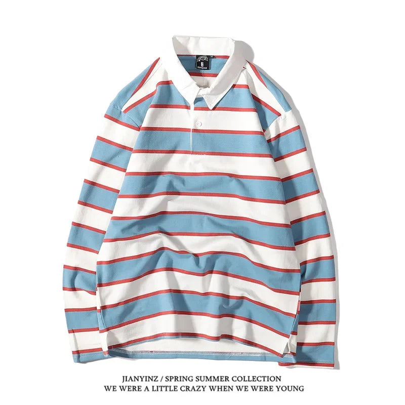 Minimally striped printed mens collar T-shirt autumn business casual long sleeved top comfortable breathable loose collarT-shirt