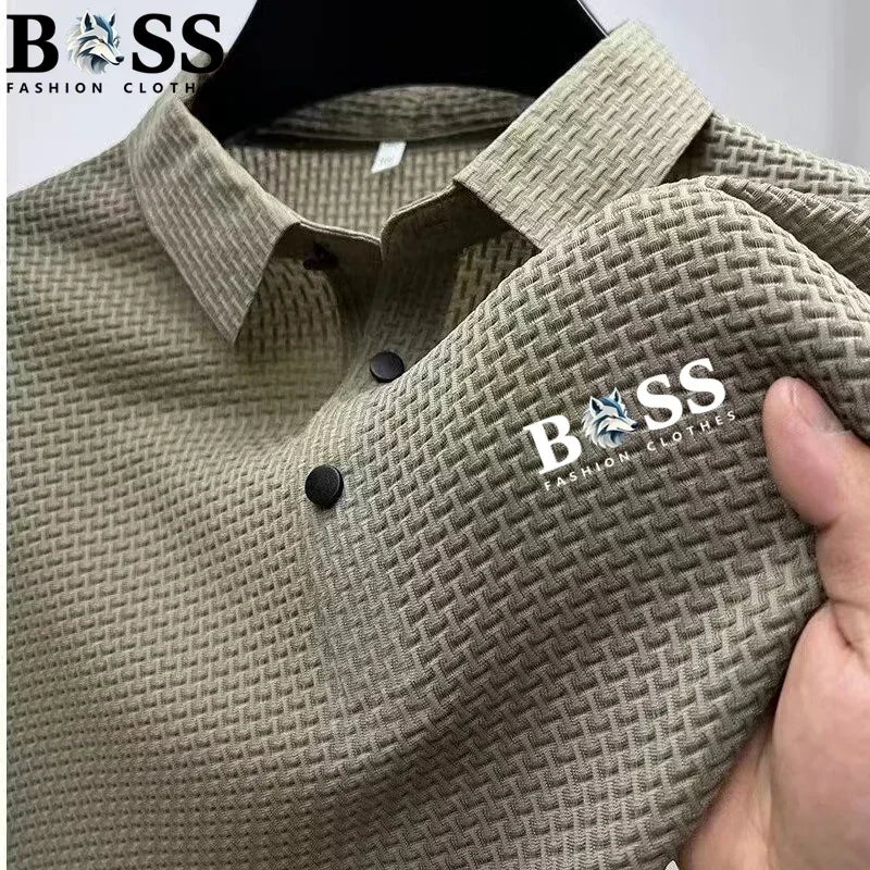 2025 Men's Casual Luxury Trend Ice Silk Quick-Dry Collarless Short-Sleeved Polo Shirt - Summer High-Quality Comfortable Breathab
