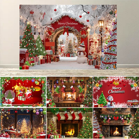 Dewprint Christmas Backdrop Background Banner Fireplace Theme Winter Xmas Tree Indoor Decor Family Holiday Party Portrait Photo