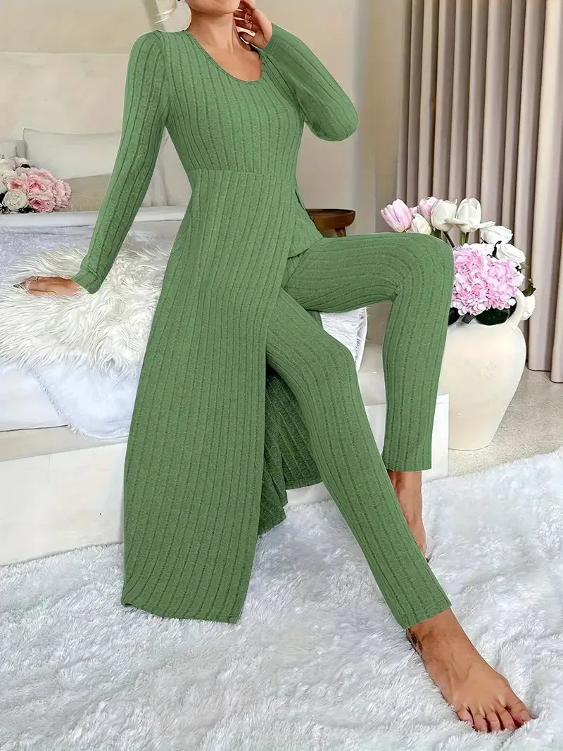 Autumn Casual Solid Set For Women Fashion O Neck Long Tops+High Waist Slim Pants 2 Piece Sets Lady Holiday Women's Clothing New