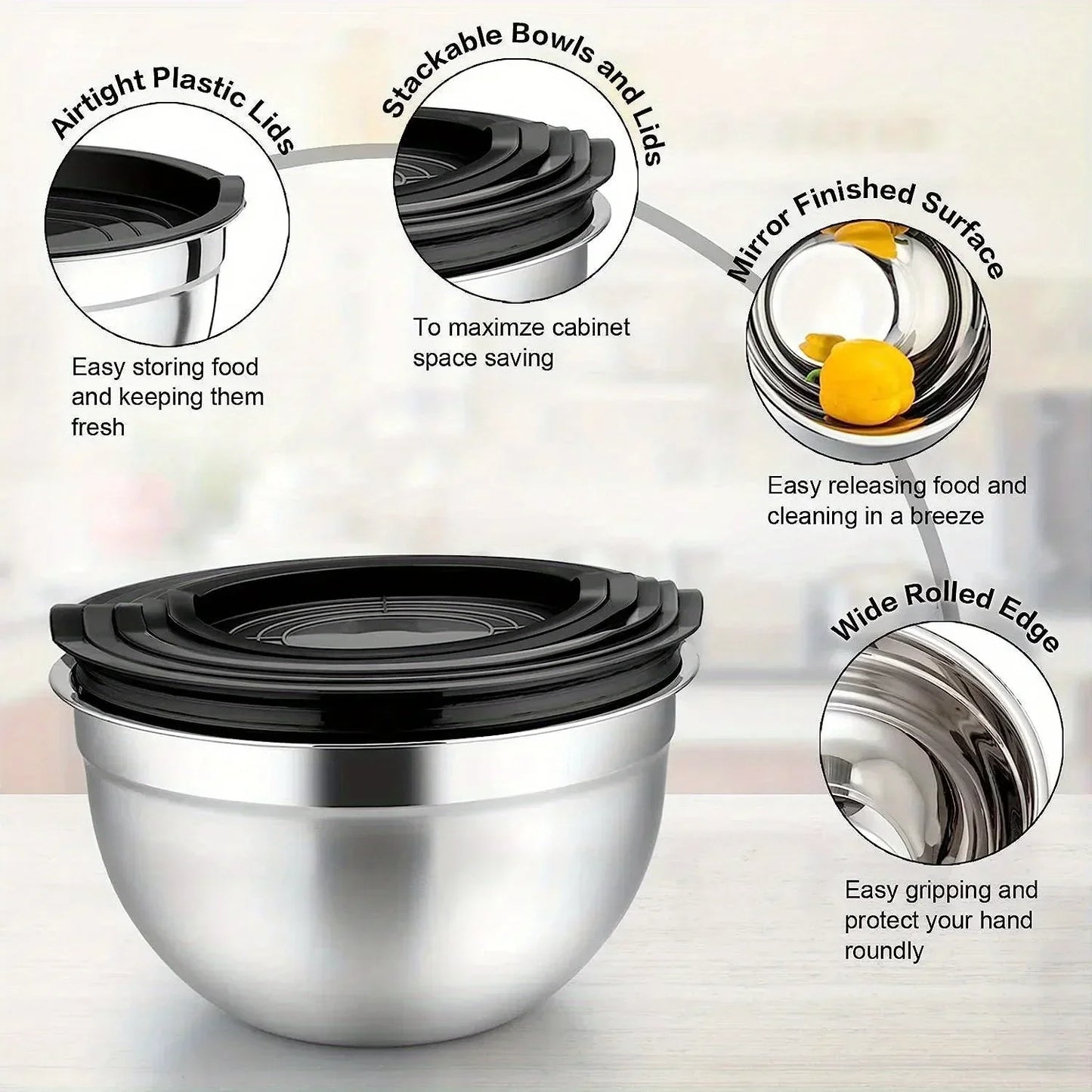 5-Piece Stainless Steel Nesting Mixing Bowl Set - Kitchen Essentials for Baking, Serving,Dishwasher Safe, and Easy to Store