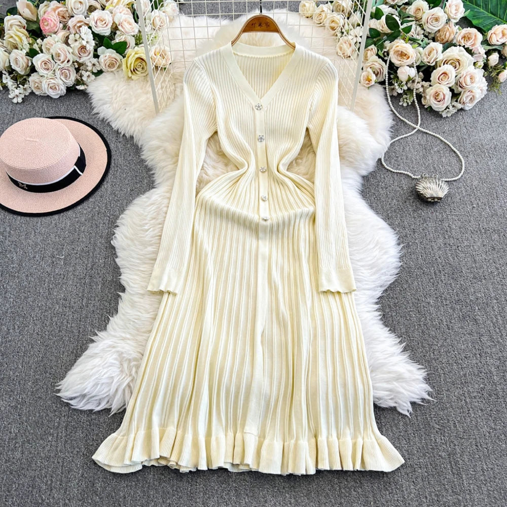 YuooMuoo Autumn Winter Women Knitted Long Dress Brand Fashion V-neck Slim Waist Pleated Sweater Dress Lady Office