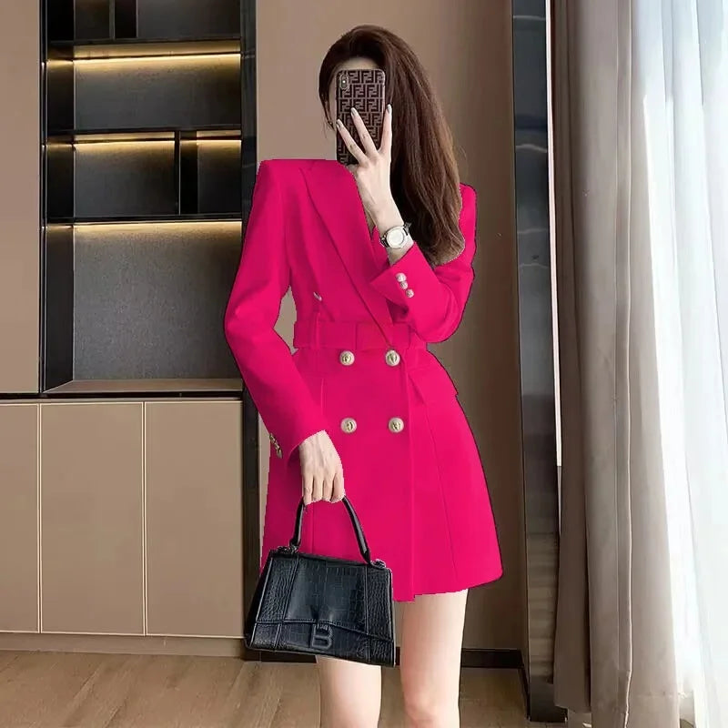 French Elegant Long Sleeve Suit Dress Waist-Cinching Short Size Professional Double-Buttoned Belted Coat