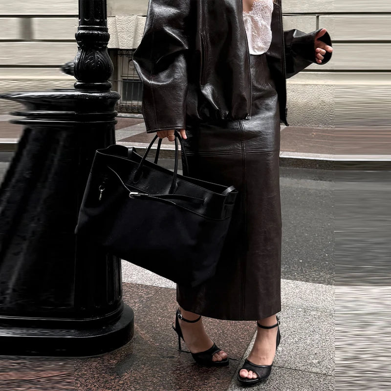 Street Green Leather Jacket Skirt Sets Women Stand Collar Zipper Pleated Coat Spliced Long Skirts Outfits