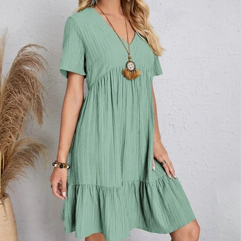 Women  Peplum Dresses Spring V-Neck Short Sleeve Loose Waist Ruffle Fit Flare Vocation Dresses