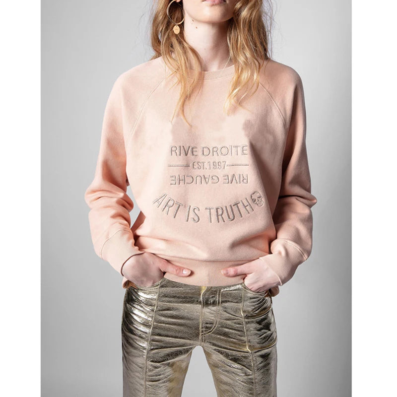 Early autumn new French niche ZV classic letter embroidery pink cotton women's embroidered pullover sweater sweatshirt