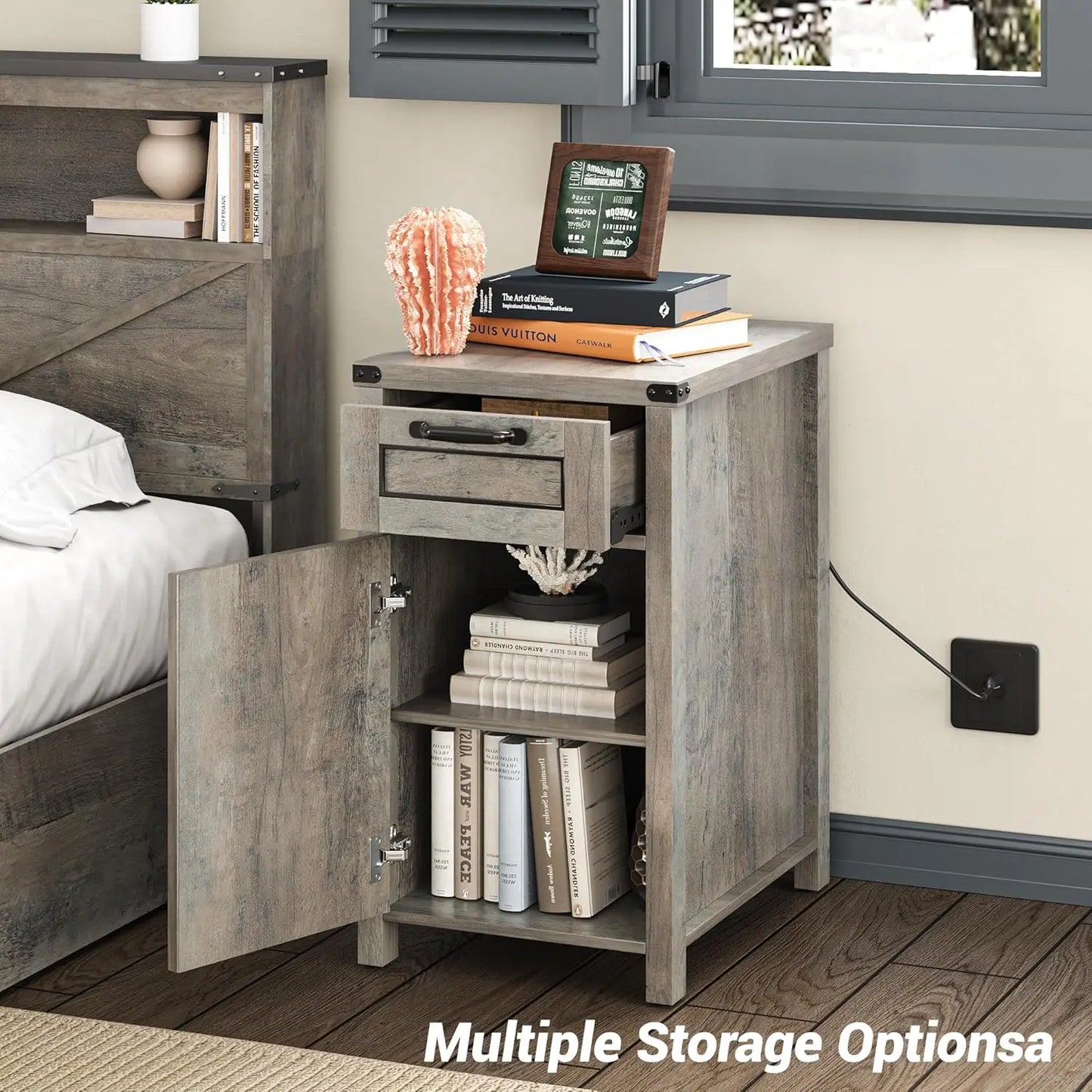Vabches Nightstand with Drawer&Storage Cabinet Farmhouse Night Stand with Power Outlet Wood End Table Bedside Table for Bedroom