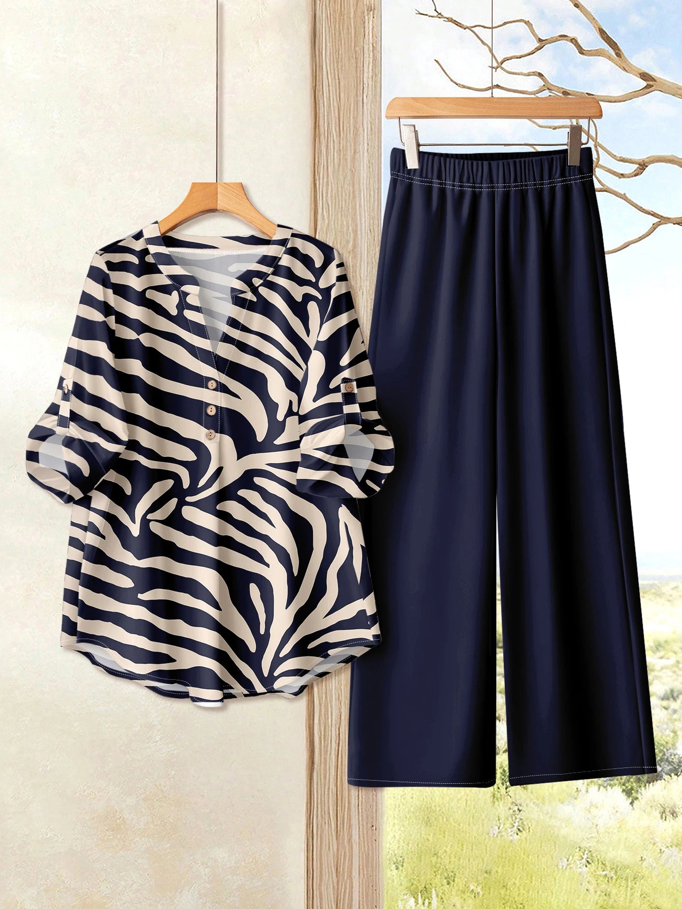 V Neck Button Elegant Loose Office Party 2 Pieces Set For Woman
