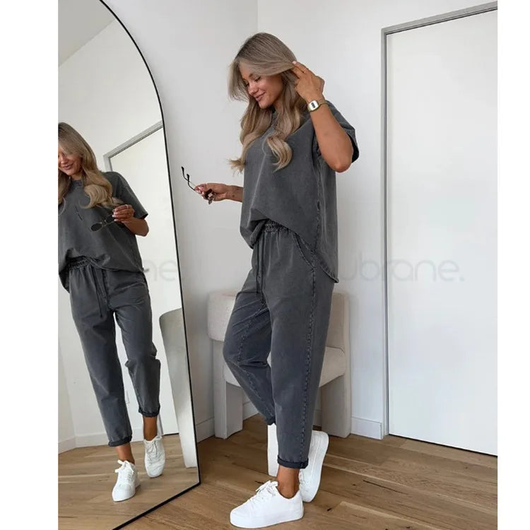 Casual Loose Sports Two Piece Set Women O-neck Short Sleeve Top Elastic Waist Lace Up Pants Sets Autumn Solid Fashion Outfit