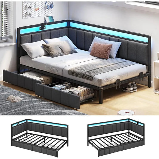 Hasuit Corner Bed Frame with Storage Drawers, Twin Daybed with Line Fabric Upholstered Fence, Kids Bed Unit with LED Light