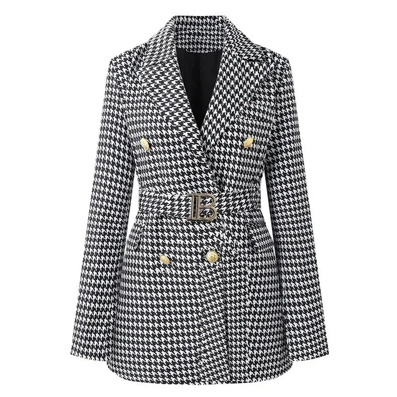 French Elegant Long Sleeve Suit Dress Waist-Cinching Short Size Professional Double-Buttoned Belted Coat
