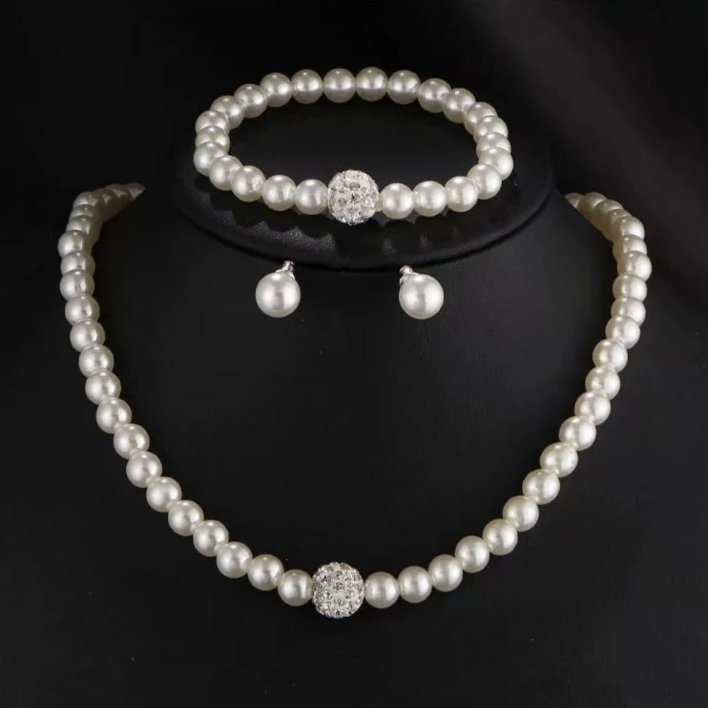 Set 3pcs Classic Trendy Pearl Crystal Necklace Bracelet Earring for Women Luxury Wedding Bride Set Jewelry Gifts