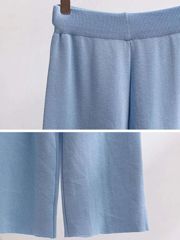 Loose Knitwear 2 Pieces Sets Women Striped Long Sleeve Knit Pullover Tops Conjuntos Korean High Waist Wide Leg Pants Tracksuit