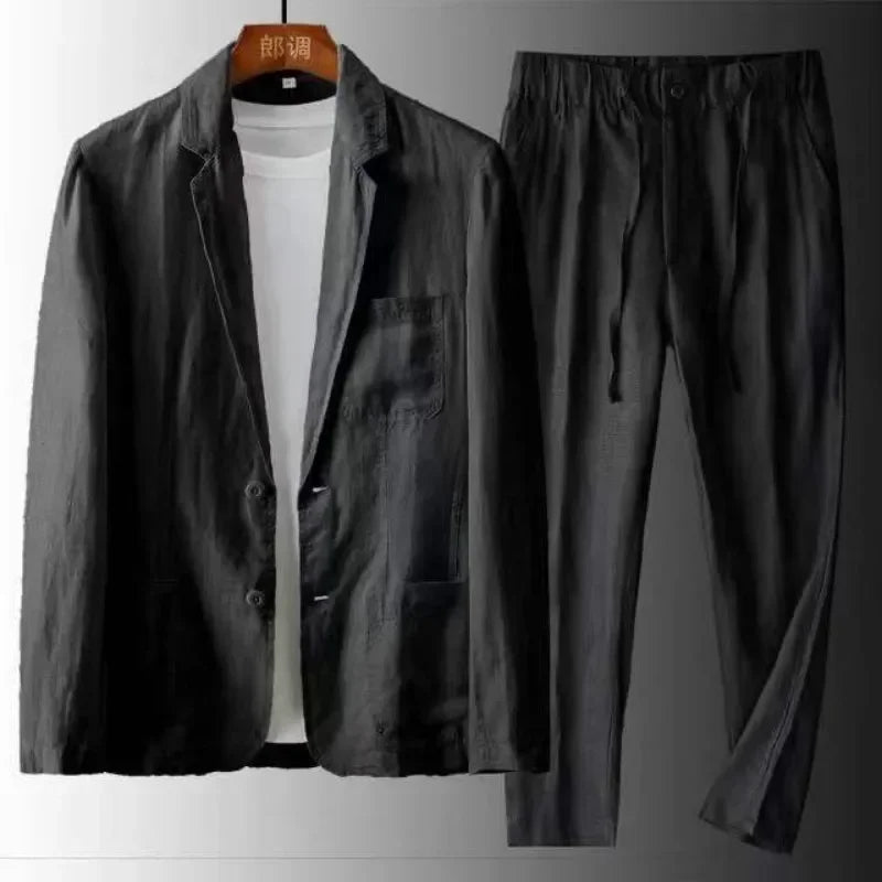 Men's Spring Summer Casual Sets Cotton Linen Two-piece Set Blazer Jacket + Pants Casual Business Thin Clothing Breathable Suit