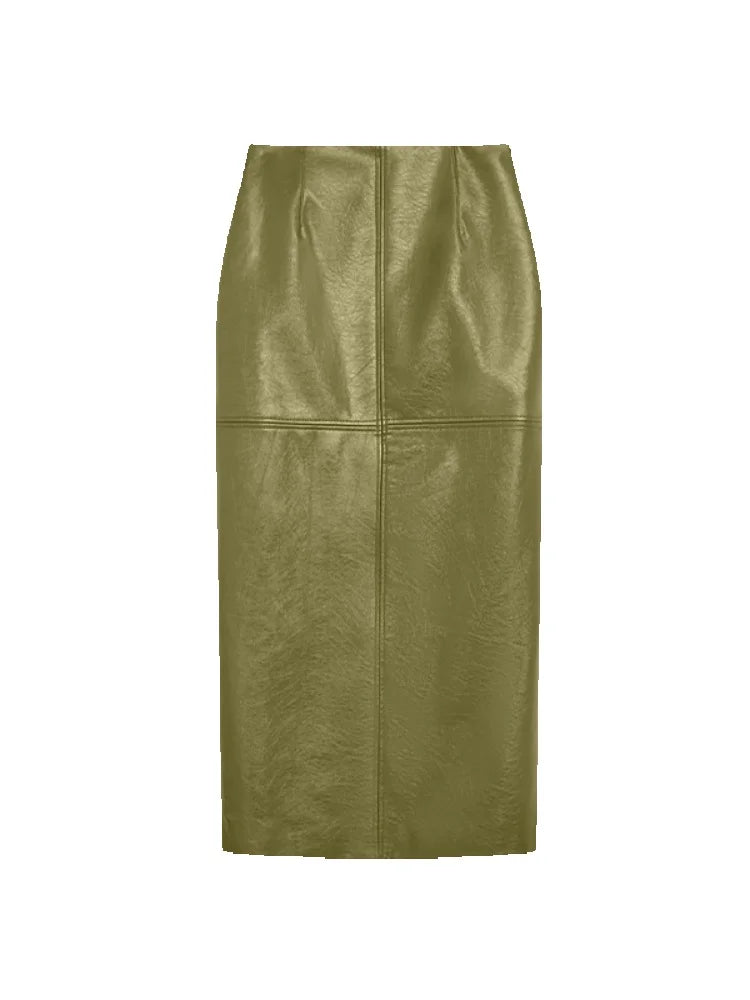 Street Green Leather Jacket Skirt Sets Women Stand Collar Zipper Pleated Coat Spliced Long Skirts Outfits