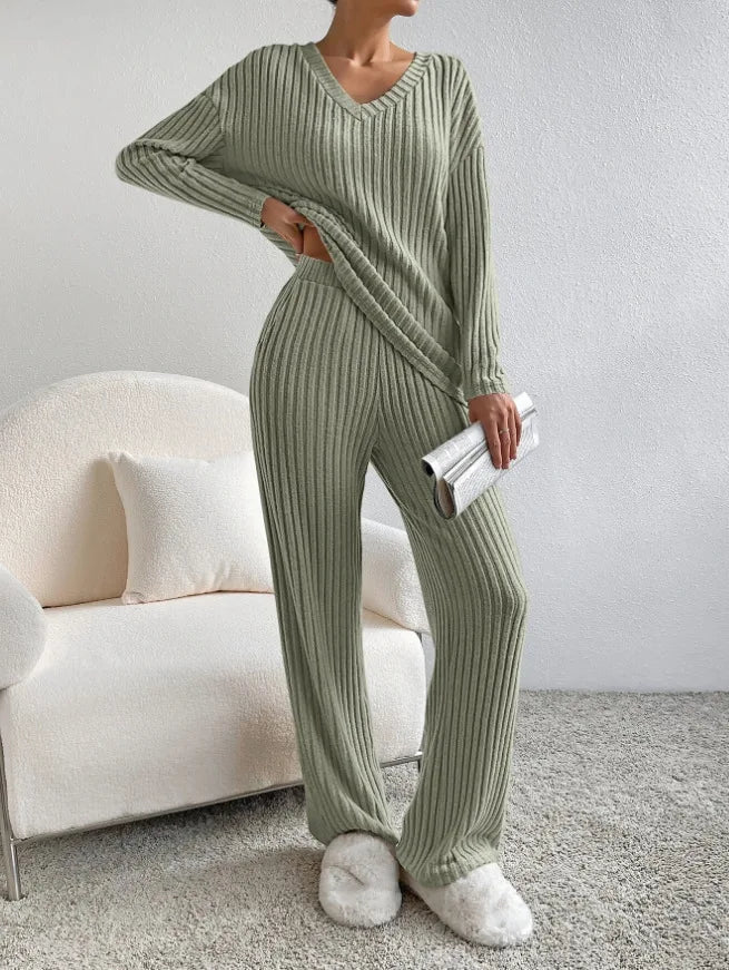 Solid Color Casual Loose Knitting Sets For Women Elegant Autumn Women's Two Pieces Suit Full Trouser Set Female Outfit Clothes
