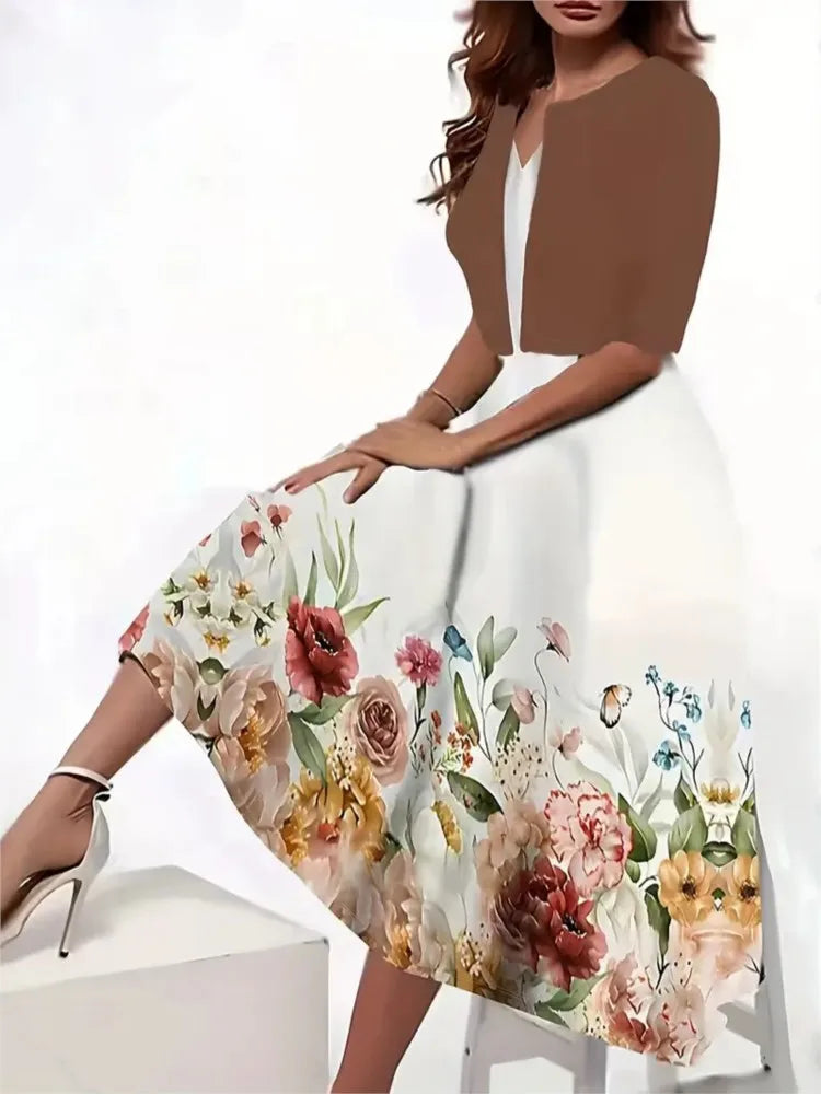 Casual V-neck Sleeveless Floral Print Long Dress For Women Half Sleeve Short Cardigan Suit Loose Midi Dresses Elegant Sets