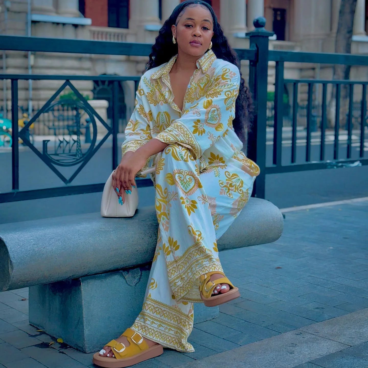 Women Two Pieces Pant Sets Printing Matching Sets Long Sleeves Button Turn Down Collar Top Elastic Waist Pants Loose 2025 Summer
