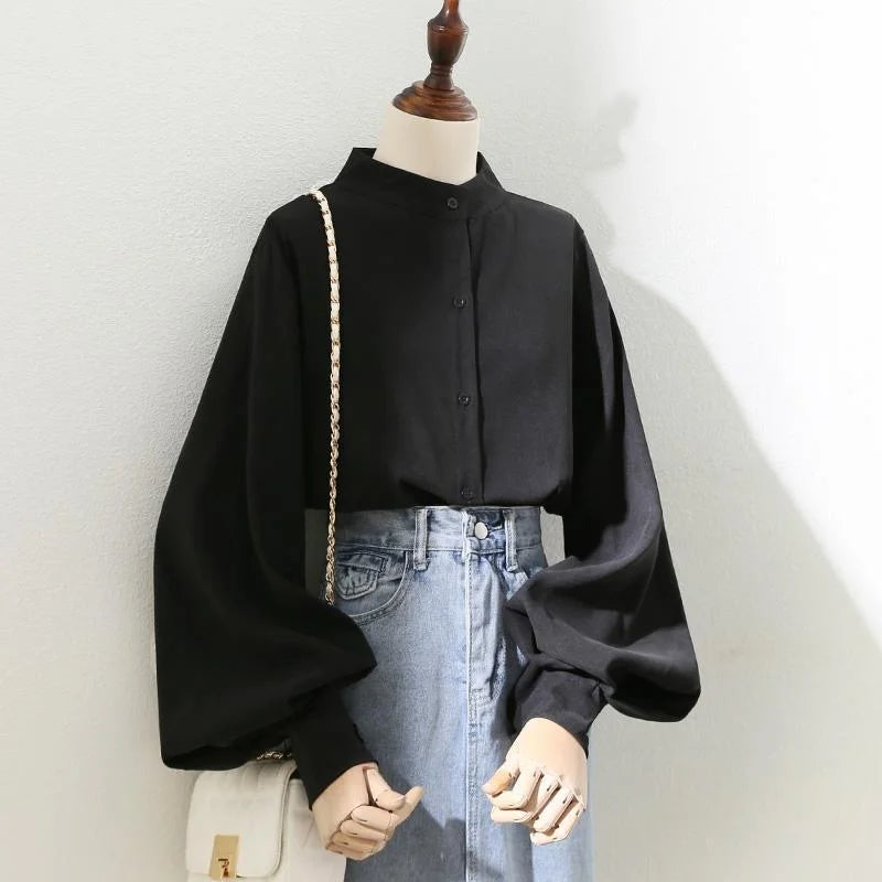 Woman Spring Autumn Style Blouses Shirt Lady Long Lantern Sleeve Stand Collar