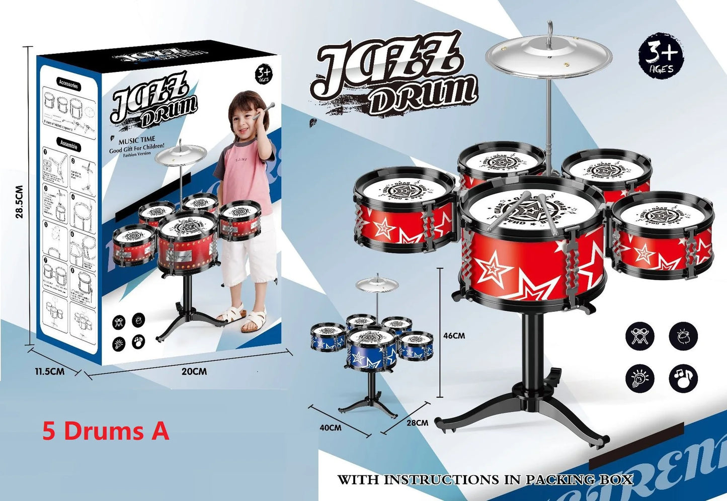 Jazz Drum Set for Kids 3 Drums / 5 Drums with Small Stool Drum Stick Set Music Instrument Educational Toys for Beginners Gifts