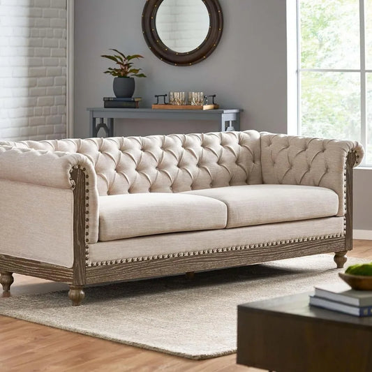 78.75 Upholstered Chesterfield Couch, Modern 3 Seater Sofa with Tufted Back and Square Arms Wood Leg, Nailhead Sofa for Living