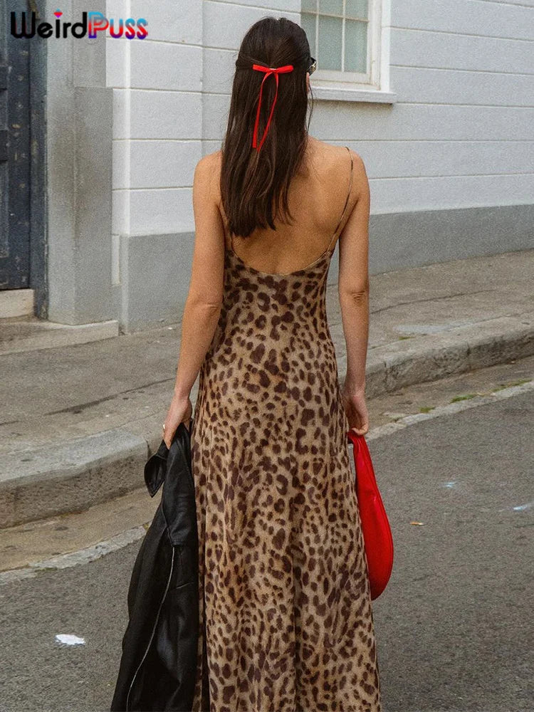 Weird Puss Leopard Print Dress Woman Summer Sexy Swing Collar Spaghetti Straps Backless Ruffles Party Clubwear Skinny