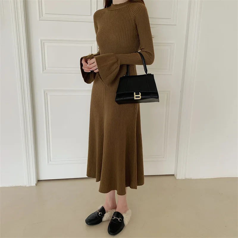 Elegant V-Neck Knitted Dress Slimming Long Skirt High Waist Bell Sleeve Unique Design Autumn Winter Women's Fashion Dress
