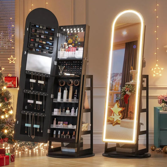 LED Mirror Jewelry Cabinet Standing, Lockable Jewelry Armoire with Arched Full-Length Mirror and Adjustable LED Lights, Space-S