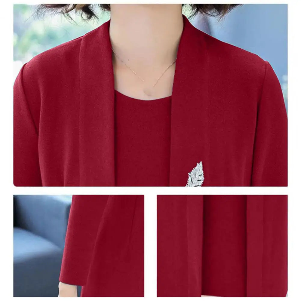 Women Dress Coat Suit Elegant Long Coat Dress Set Middle-age Women Formal Suit Set Long Cardigan O Neck Sleeveless Dress