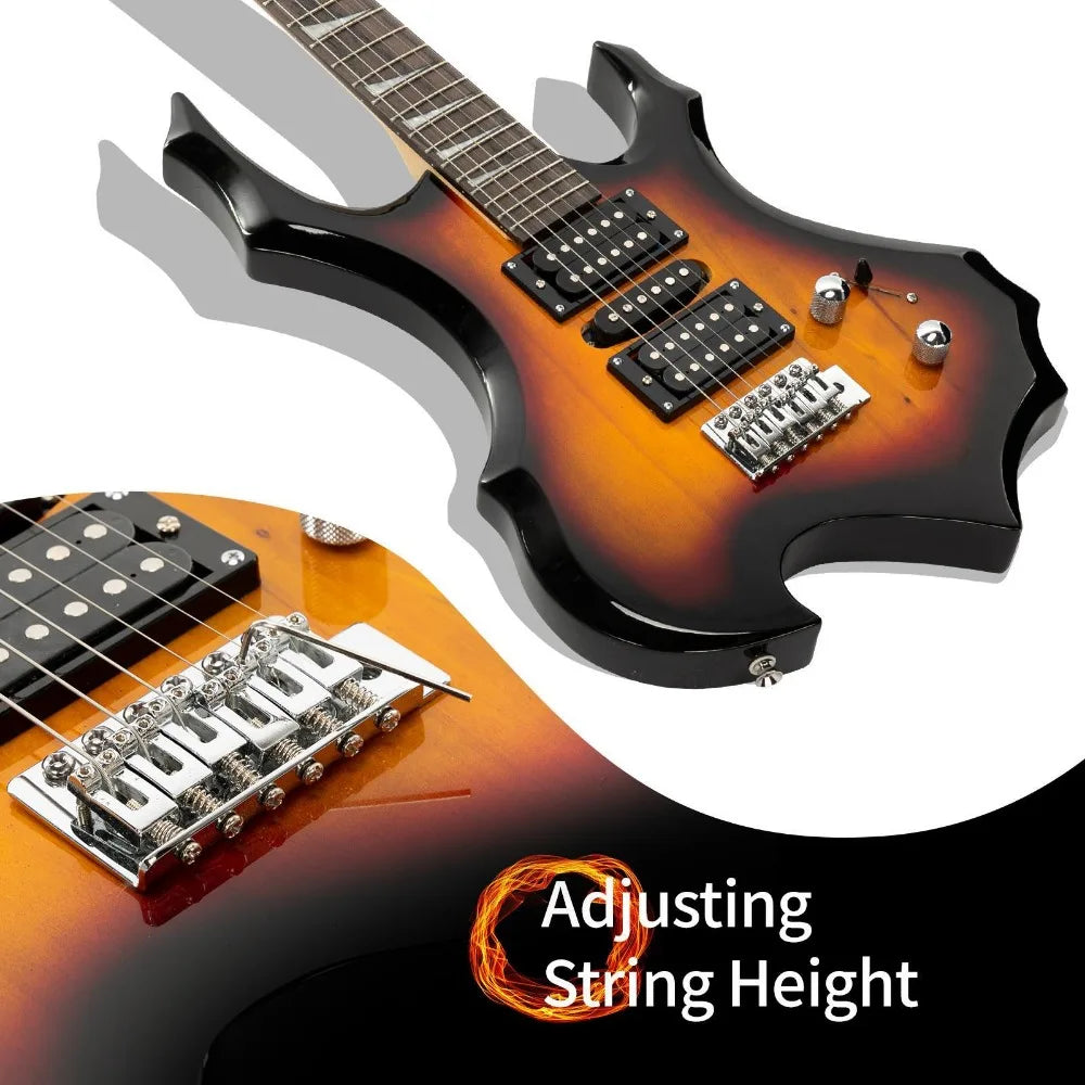 Flame Shaped Guitar Starter Kit 6 Strings, w/Guitar Bag 20W AMP Sunset