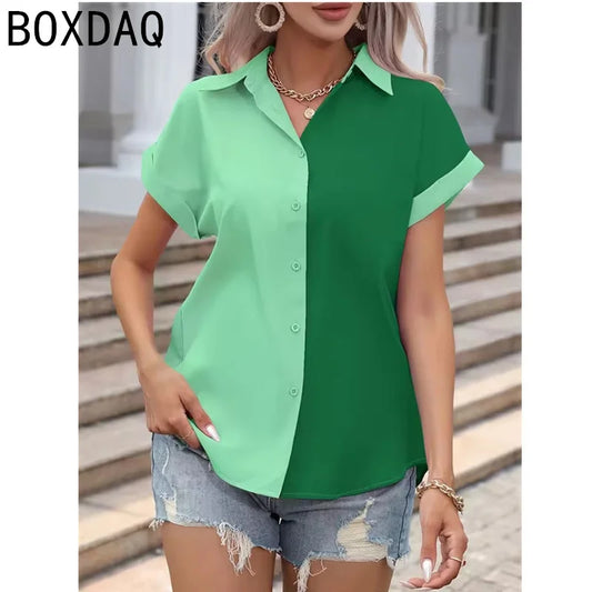 Classic Fashion Two Color Spliced Short-sleeved Shirt Women's Summer New Casual Buckle Slim Shirt Office Ladies's Work Shirt