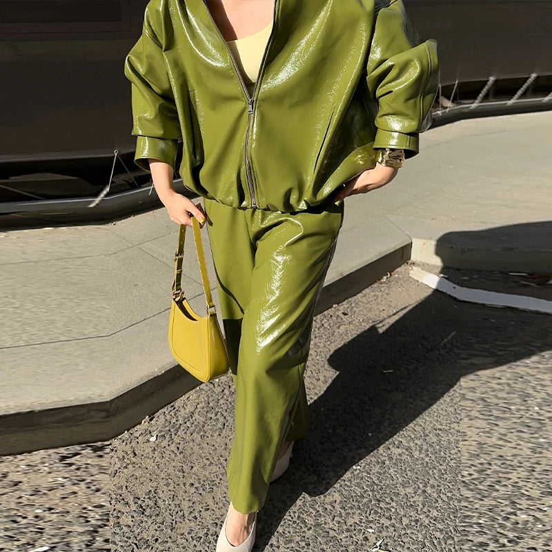 Street Green Leather Jacket Skirt Sets Women Stand Collar Zipper Pleated Coat Spliced Long Skirts Outfits