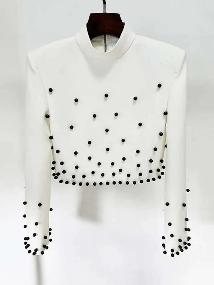 [Women's Beaded Design 2 Pcs Set Stand Collar High Waist Long Sleeve Sets Female Autumn