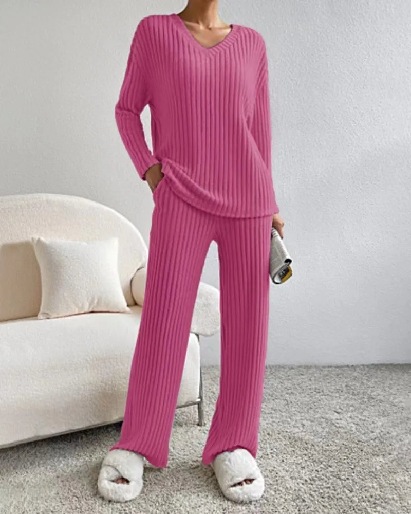 Solid Color Casual Loose Knitting Sets For Women Elegant Autumn Women's Two Pieces Suit Full Trouser Set Female Outfit Clothes