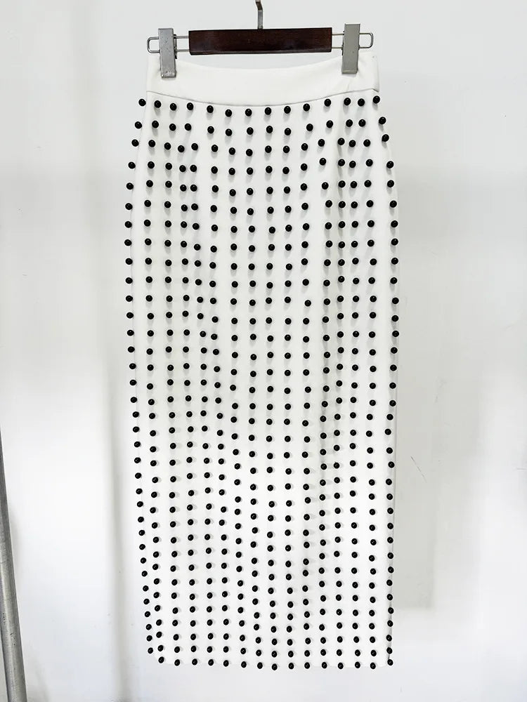 [Women's Beaded Design 2 Pcs Set Stand Collar High Waist Long Sleeve Sets Female Autumn