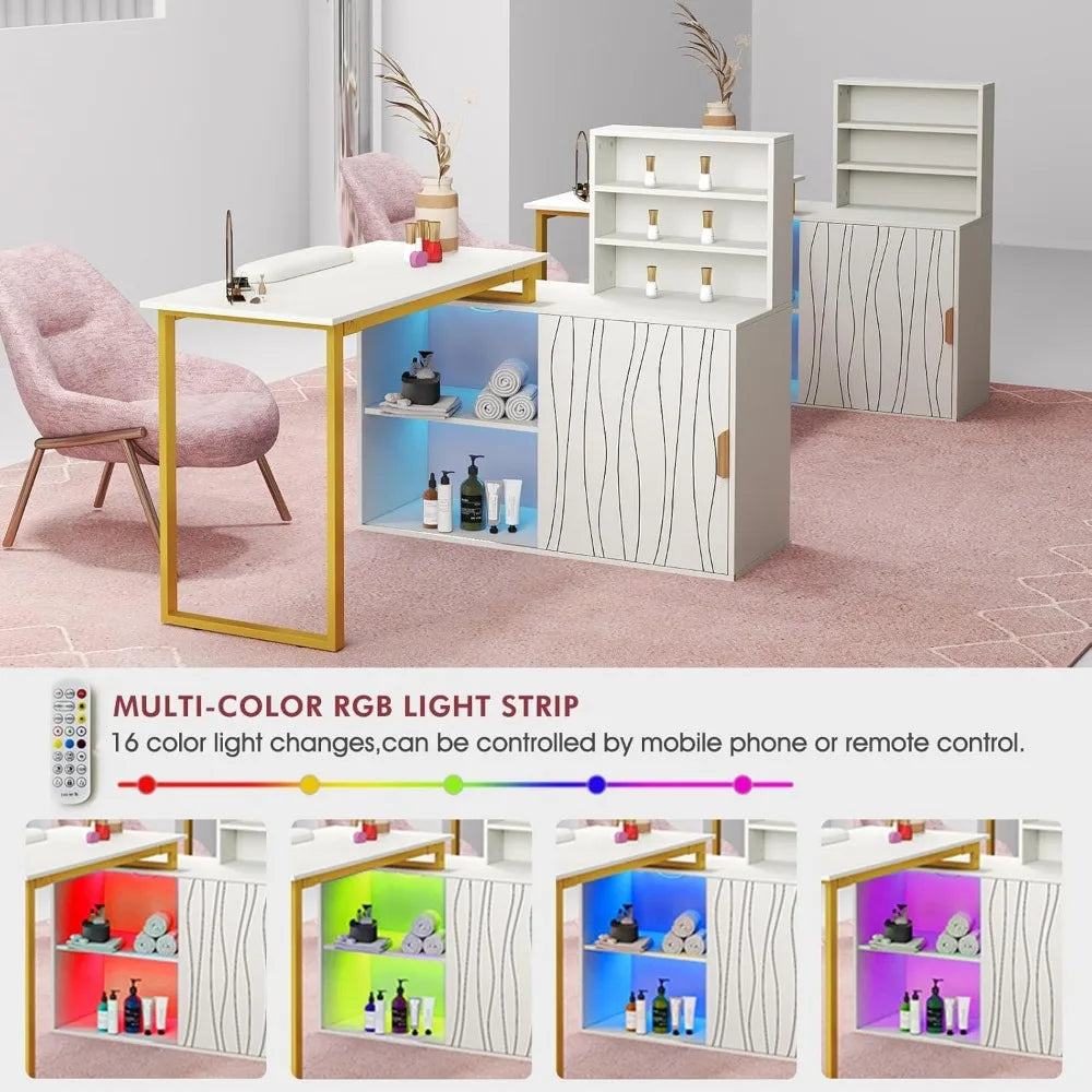 Nail Table, Manicure Table, Nail Station, Open Shelves, Remote Control LED Light, Sliding Door Cabinet, Salon Equipment,AC Outl