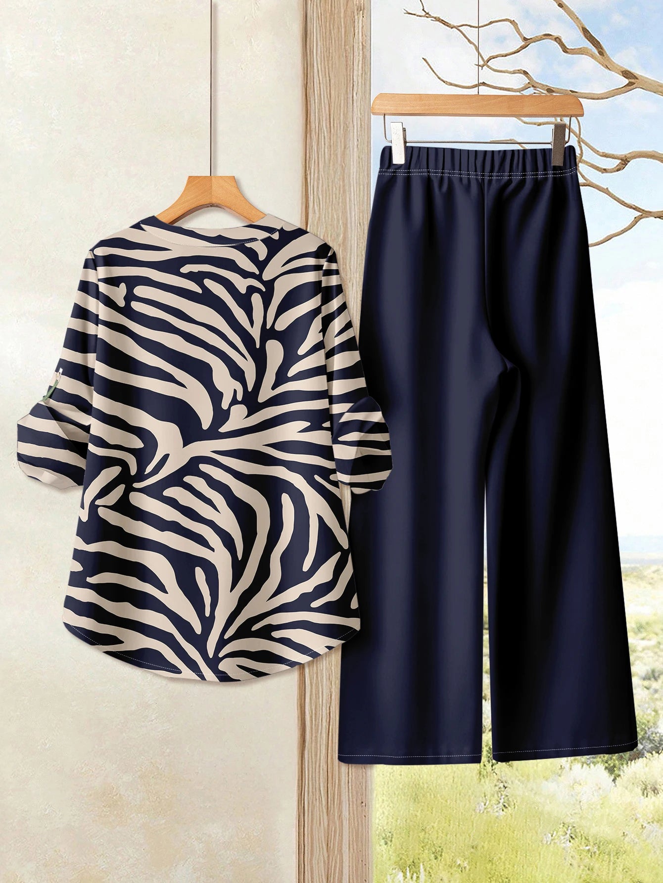 V Neck Button Elegant Loose Office Party 2 Pieces Set For Woman