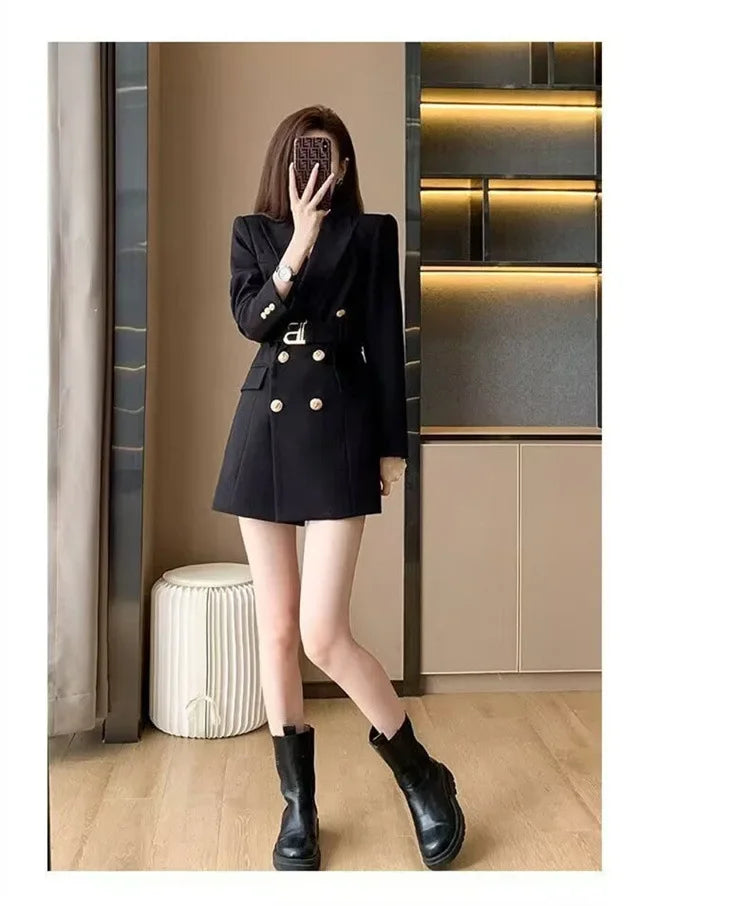 French Elegant Long Sleeve Suit Dress Waist-Cinching Short Size Professional Double-Buttoned Belted Coat