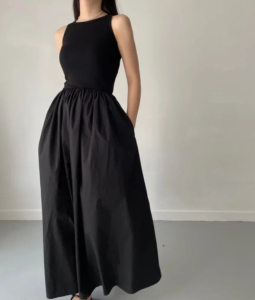 Simple Elegant Black Long Dresses For Women Round Neck Sleeveless