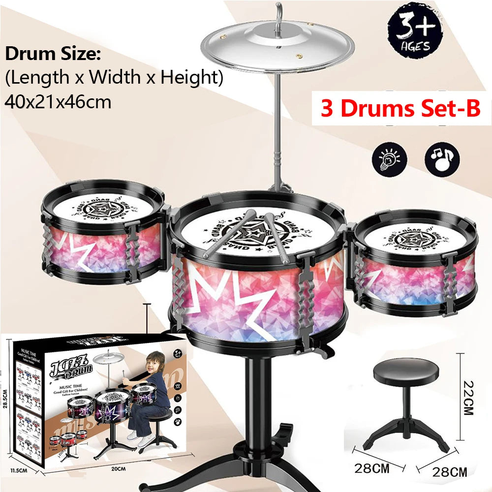 Jazz Drum Set for Kids 3 Drums / 5 Drums with Small Stool Drum Stick Set Music Instrument Educational Toys for Beginners Gifts