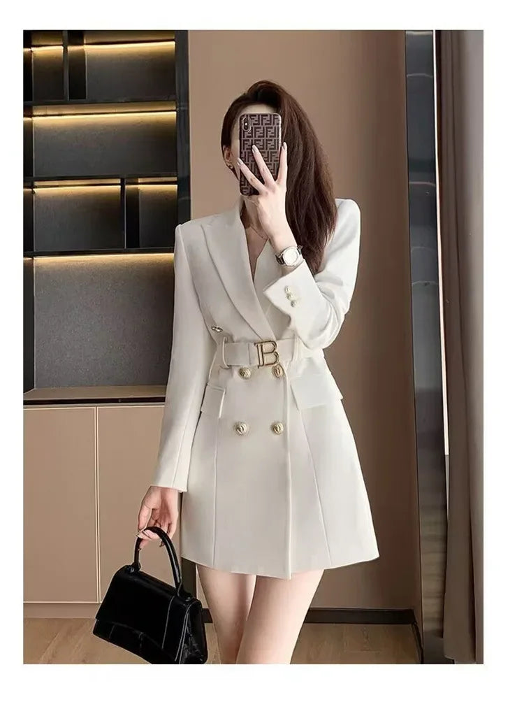 French Elegant Long Sleeve Suit Dress Waist-Cinching Short Size Professional Double-Buttoned Belted Coat