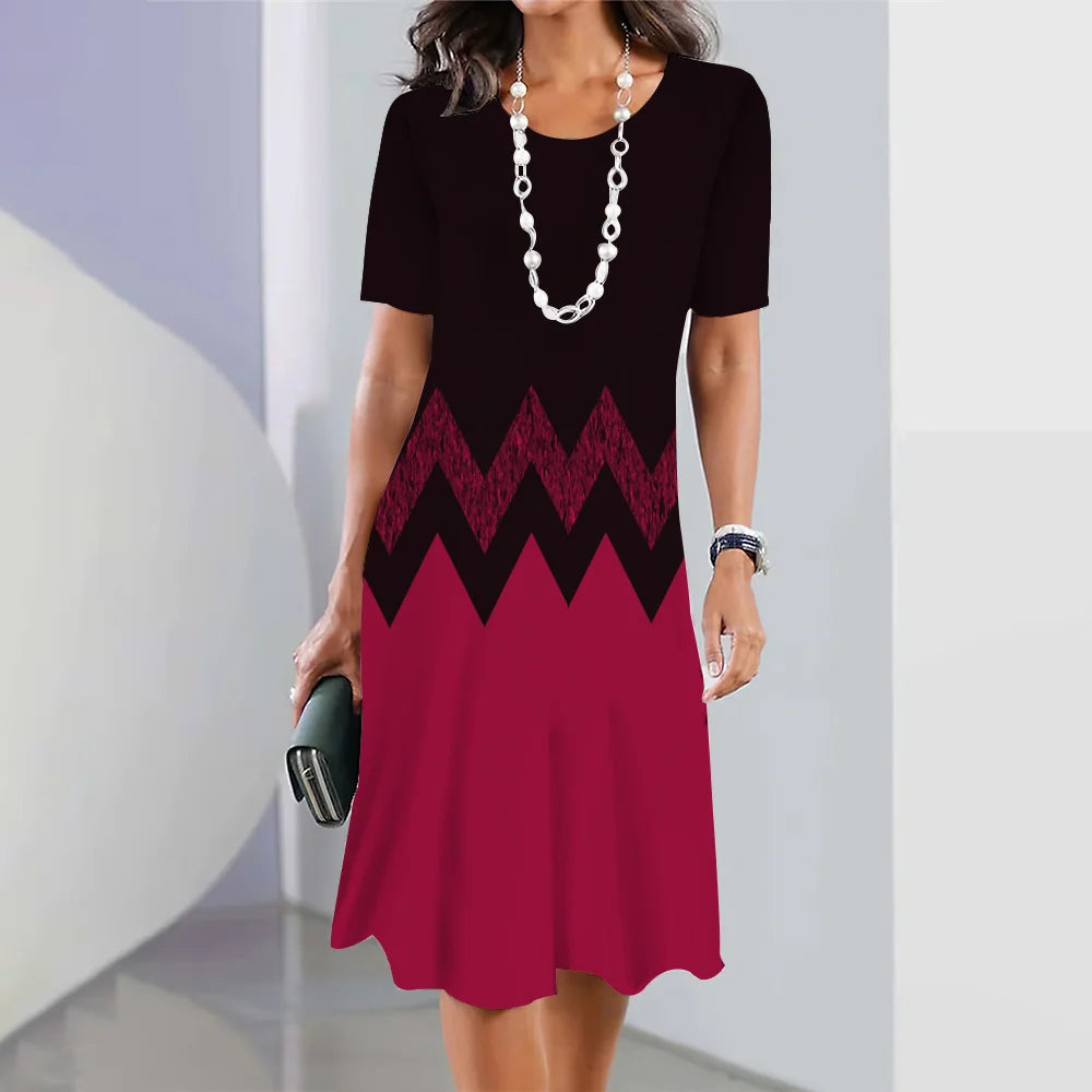 New Women's Dresses Striped Printed Elegant Casual O Neck Short Sleeve  Dresses Fashion Ladies Plus Size Clothing